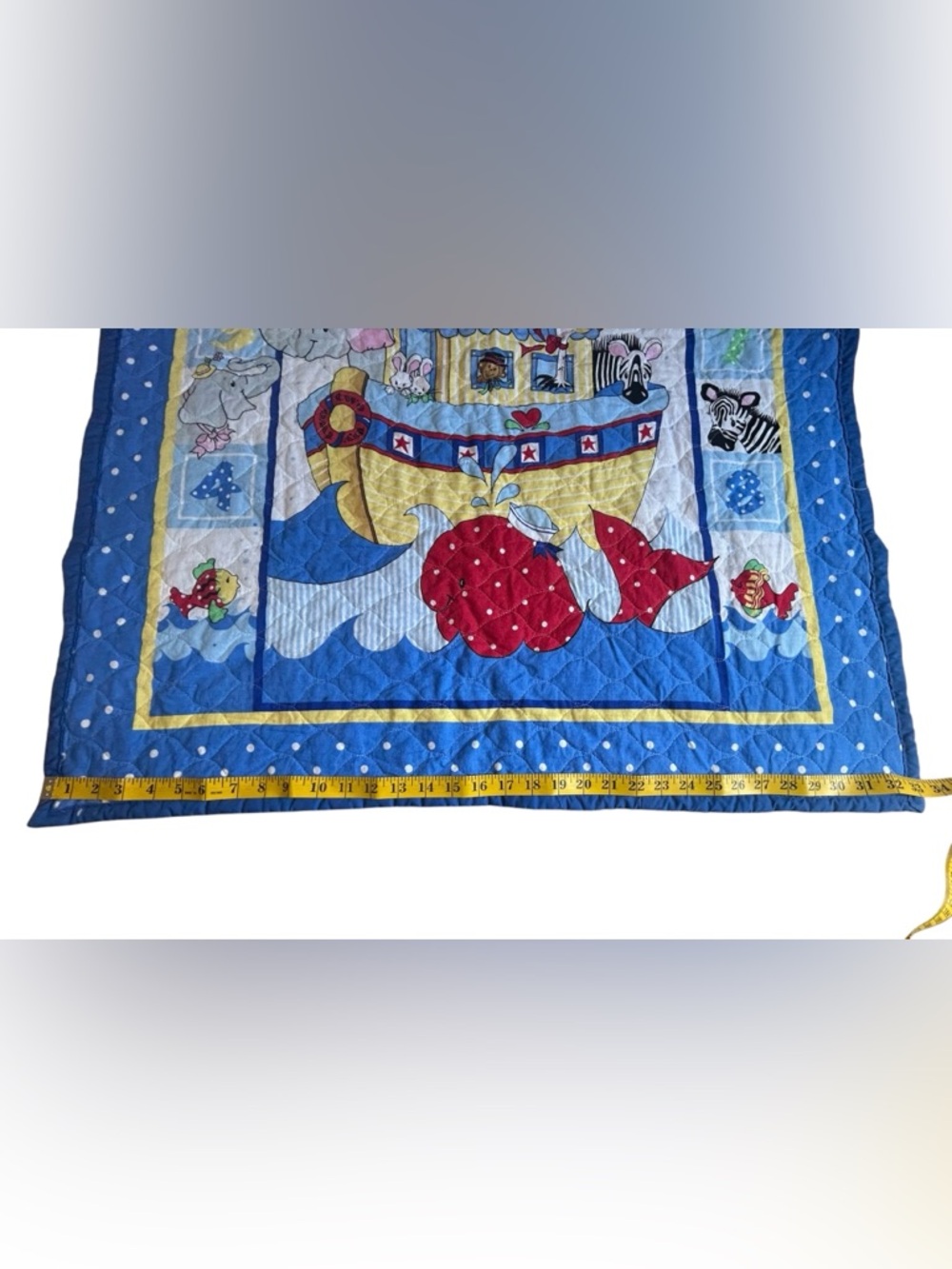 Vintage Noah’s Ark Rainbow Baby Quilt Reversible Animals Blue 41x33 - Picture 3 of 8